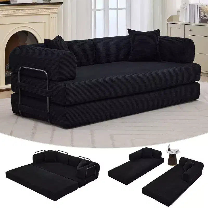 78.7 Szara sofa rozkładana 4 w 1 z tkaniny sztruksowej, składana dwuosobowa sofa podłogowa futon z poduszkami (bez montażu)