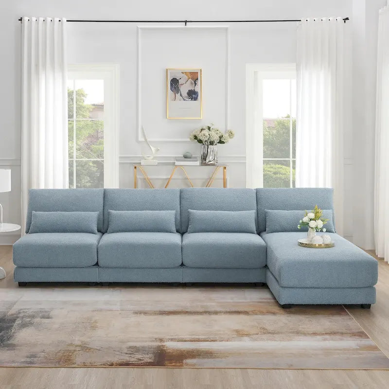 Duża narożna sofa z głębokim siedziskiem i odwracalną narożną sekcją, rozkładana sofa w kształcie litery L, niebieska