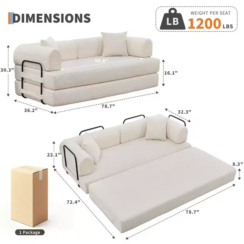 78.7 Szara sofa rozkładana 4 w 1 z tkaniny sztruksowej, składana dwuosobowa sofa podłogowa futon z poduszkami (bez montażu)