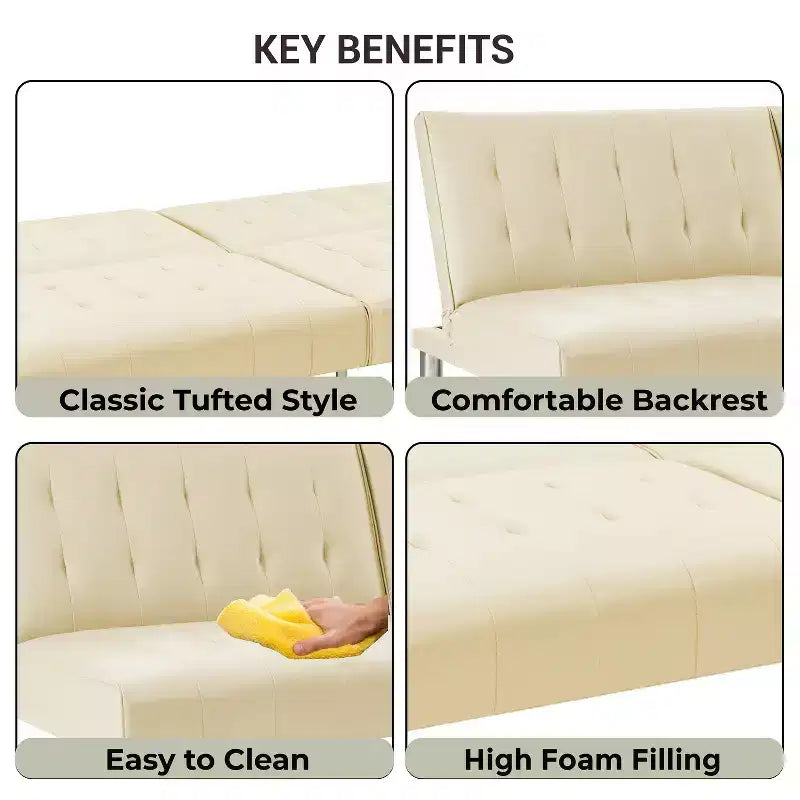 Tapicerowana sofa futon z rozkładanym oparciem, rozkładana sofa z chromowanymi nogami