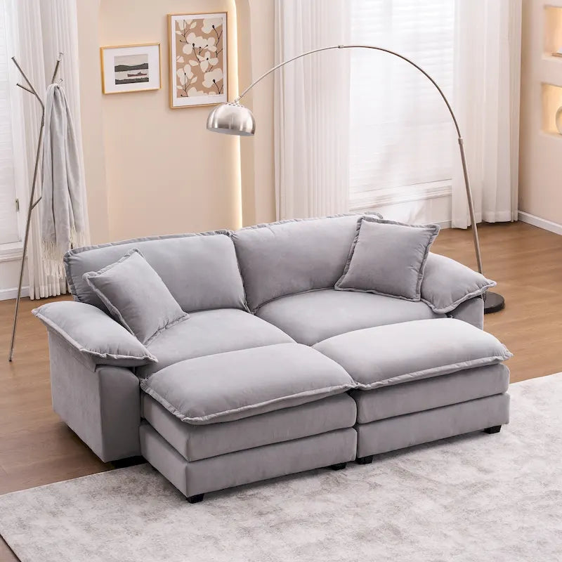 Sofa 2-osobowa z 2 siedziskami, 2 poduszkami i 2 pufami, wygodna sofa - Głęboka sofa do salonu, sofa modułowa