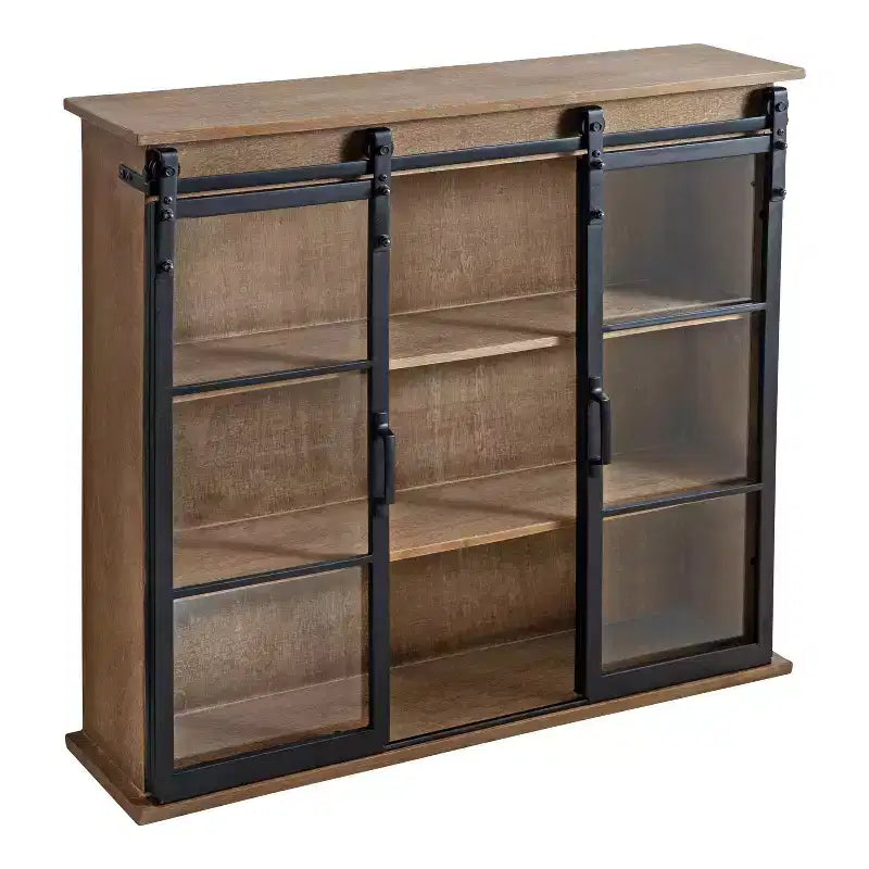 30 x 28 Drewniana ozdobna szafka ścienna Barnhardt z 2 przesuwanymi drzwiami szklanymi Rustykalny brąz - Kate & Laurel All Things Decor: Metalowa rama