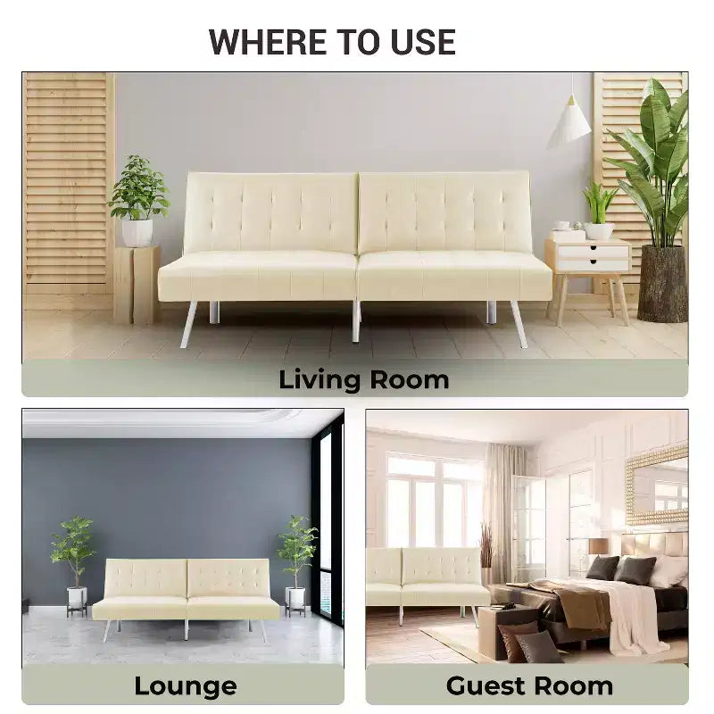 Tapicerowana sofa futon z rozkładanym oparciem, rozkładana sofa z chromowanymi nogami