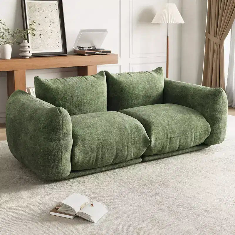 Bezkostna sofa dwuosobowa – nie wymaga montażu, puszysta sofa typu cloud z chenille’u o szerokości 75,2 cala i głębokości siedziska 23,2 cala do małych przestrzeni (zielona)