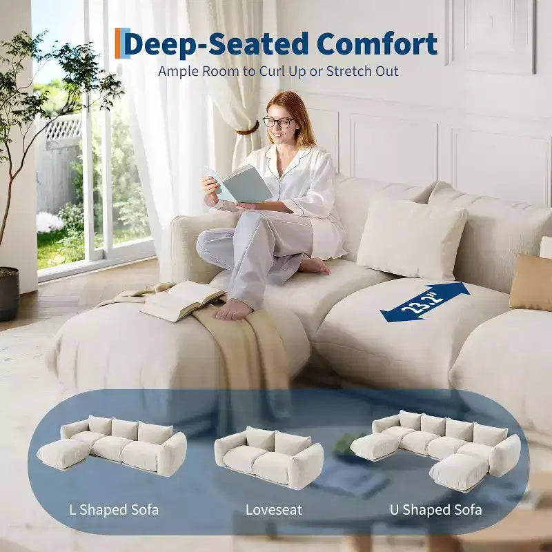 Modułowa dwuosobowa sofa z tkaniny szenilowej, sofa typu "cloud" z pianką o wysokiej sprężystości, sofa bezstelażowa do małych wnętrz