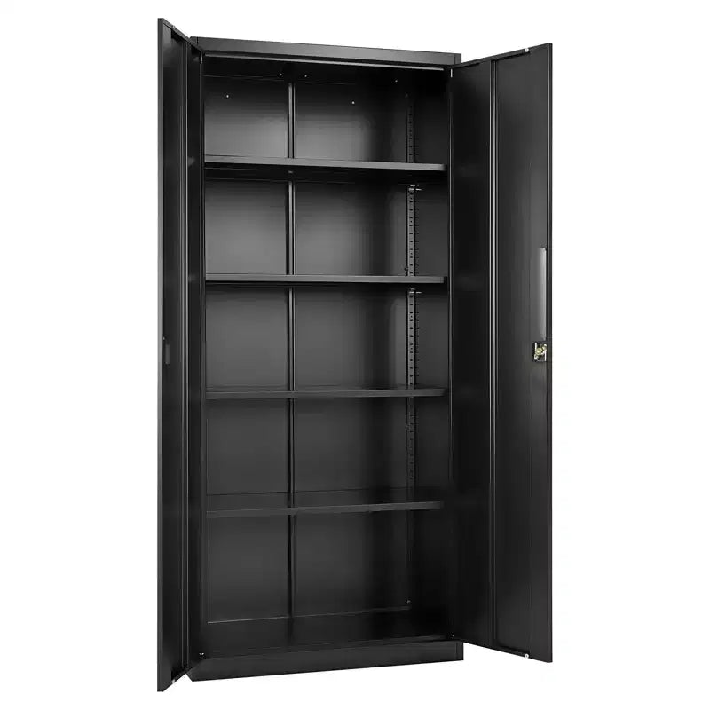 Metalowa szafa magazynowa VEVOR, zamykana szafa garażowa ze stali 175 cm, z 4 regulowanymi półkami, 2 drzwiami magnetycznymi, 2 kluczami, 5-poziomowym miejscem do przechowywania narzędzi, czarna
