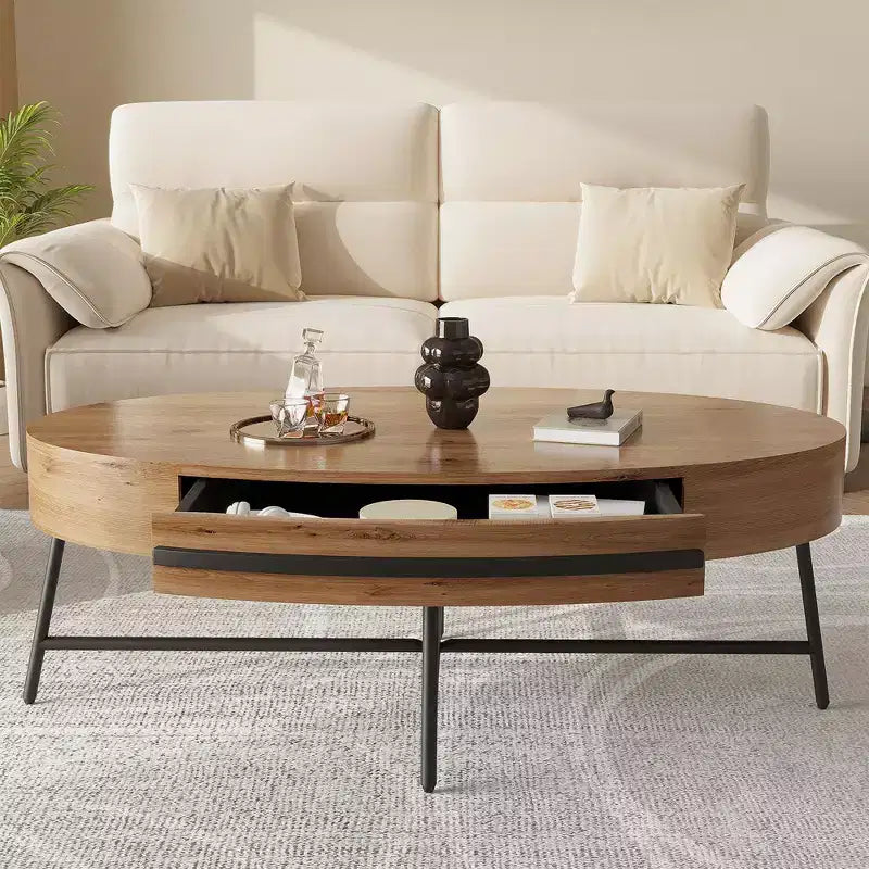 Owalny stolik kawowy z szufladą w stylu mid-century modern, drewniany stolik kawowy 47,2 z miejscem do przechowywania i metalowymi nogami w kształcie litery X, zaokrąglony design