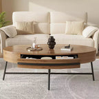 Owalny stolik kawowy z szufladą w stylu mid-century modern, drewniany stolik kawowy 47,2 z miejscem do przechowywania i metalowymi nogami w kształcie litery X, zaokrąglony design