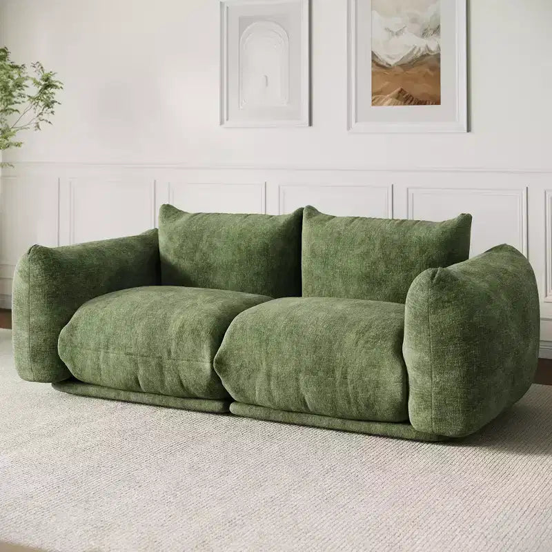 Bezkostna sofa dwuosobowa – nie wymaga montażu, puszysta sofa typu cloud z chenille’u o szerokości 75,2 cala i głębokości siedziska 23,2 cala do małych przestrzeni (zielona)