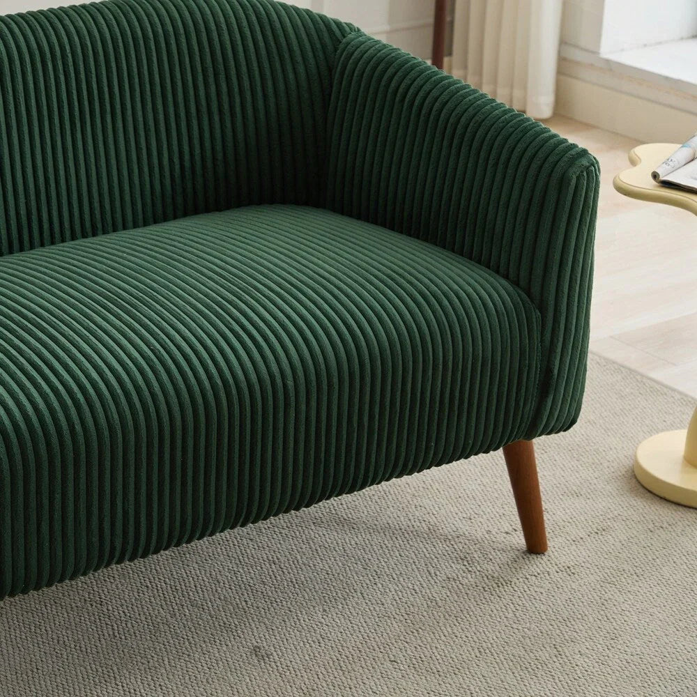 Dwuosobowa sofa tapicerowana sztruksem na drewnianych nogach w kolorze orzecha