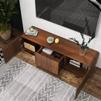 JVNOXK 58-calowa szafka RTV, spiralno-falisty design w stylu mid-century, z szafką z półką i dwiema szufladami, odpowiednia do salonu lub sypialni, kolor orzechowy