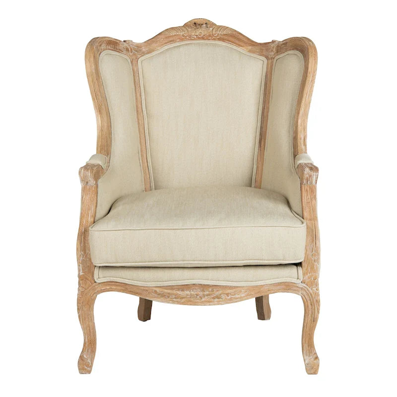 Fotel skrzydlany SAFAVIEH Couture Kali z naturalnego lnu w kolorze dębu – 34 szer. x 34 gł. x 40 wys.