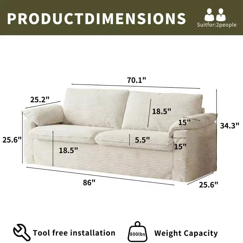 Sofa dwuosobowa Dyonery 86 Cloud, głębokie siedzisko i szerokie poduszki podłokietników, solidna rama, ergonomiczna i przewiewna konstrukcja