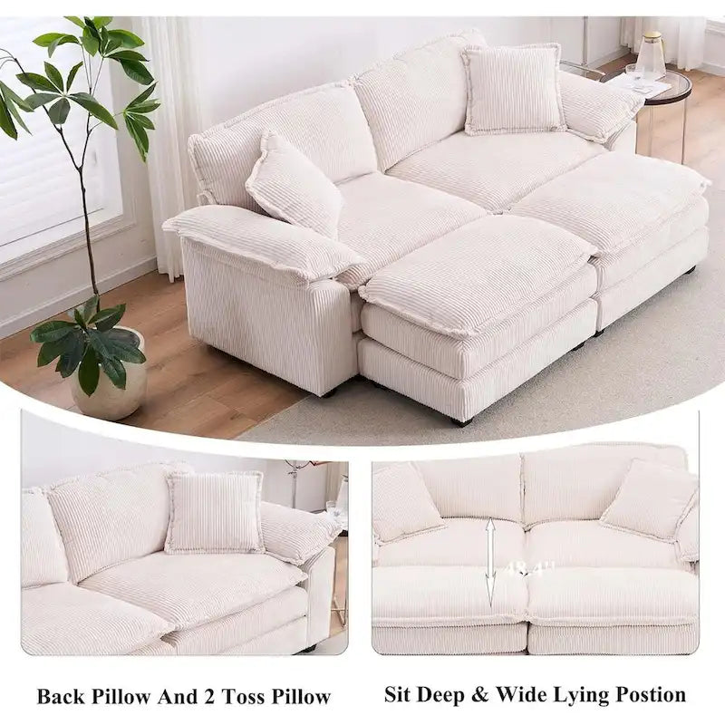 Nowoczesna 2-osobowa sofa sztruksowa z 4 poduszkami i 2 pufami