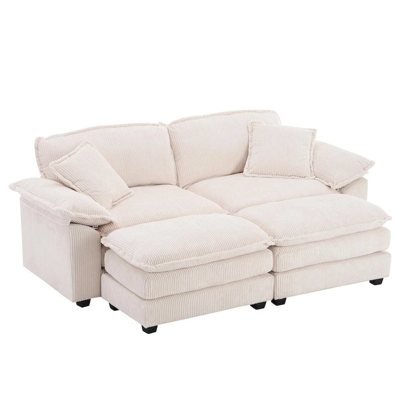 Nowoczesna 2-osobowa sofa sztruksowa z 4 poduszkami i 2 pufami