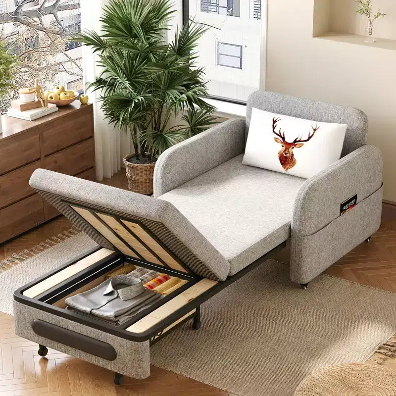 Fotel rozkładany 3 w 1 Gaoyangjiaju z szufladą do przechowywania – rozkładana sofa z kieszenią boczną i poduszką – szary