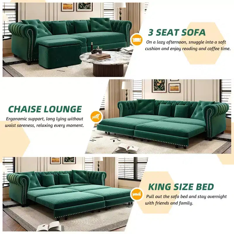 Rozkładana sofa 3 w 1 Whisen Velvet typu king-size z ruchomym podnóżkiem i pikowanym wzorem