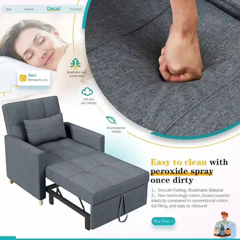 AECOJOY Rozkładany fotel 3 w 1 z poduszką i regulowanym oparciem
