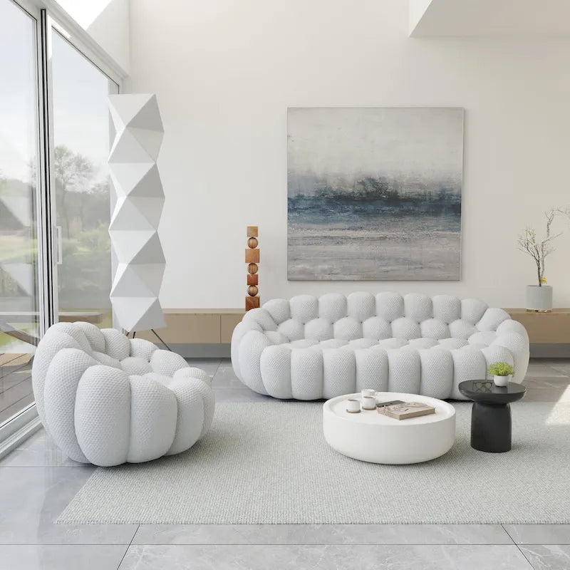 2 szt. sofa bąbelkowa 3D tapicerowana tkaniną o strukturze plastra miodu, 3-osobowa sofa bąbelkowa i sofa jednoosobowa do salonu