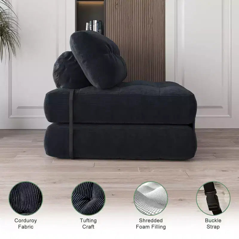 Rozkładana sofa futon z miękkiego sztruksu, składane łóżko podłogowe z poduszką i oparciem
