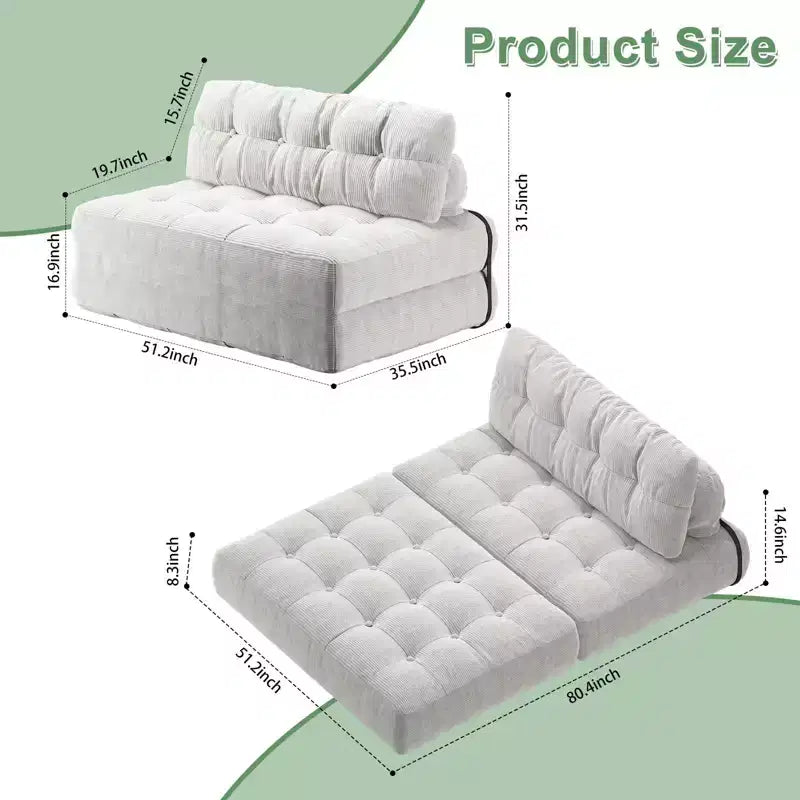 Rozkładana sofa futon z miękkiego sztruksu, składane łóżko podłogowe z poduszką i oparciem