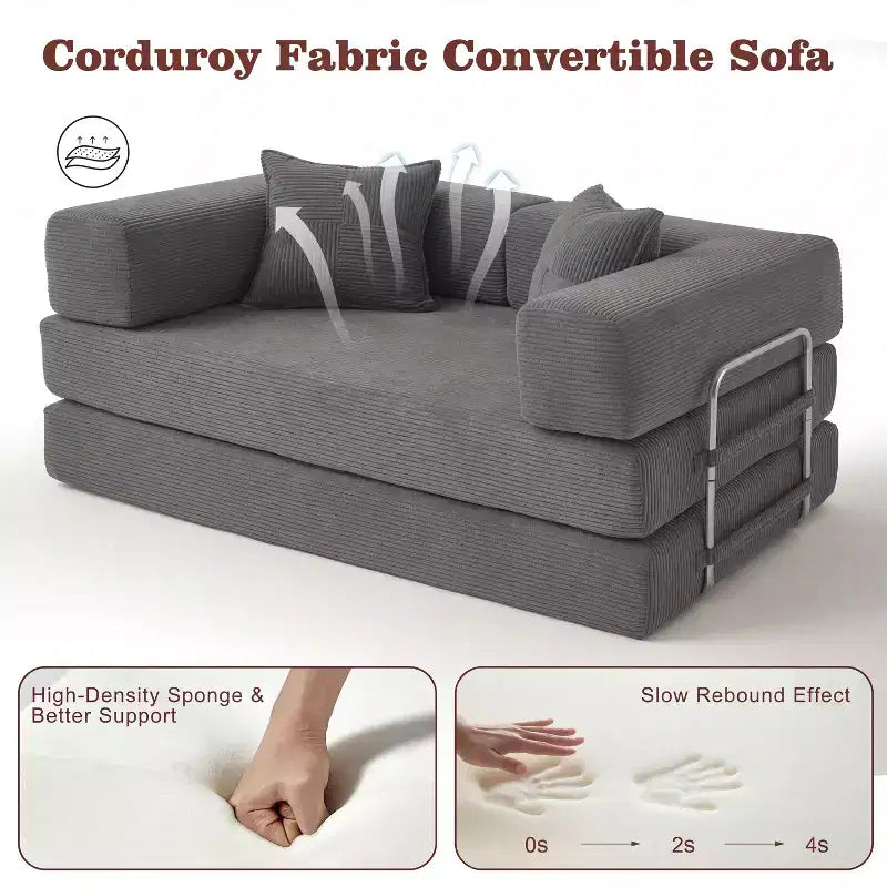 Dyonery 65-calowa rozkładana podłogowa sofa 5 w 1, rozkładana do podwójnego łóżka, ze stałym metalowym stelażem, sztruksowa