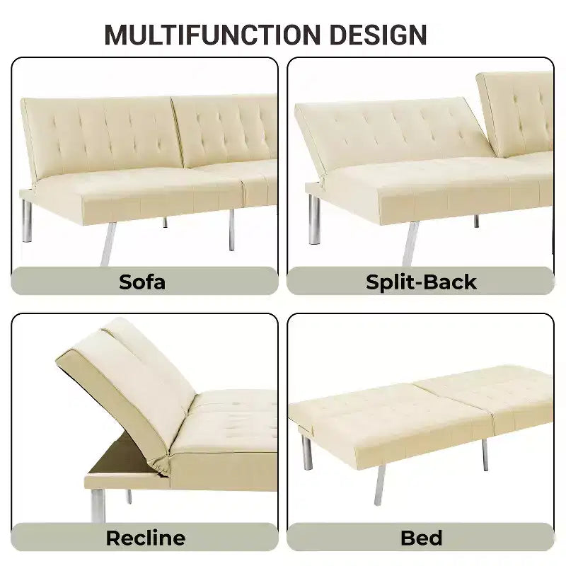 Tapicerowana sofa futon z rozkładanym oparciem, rozkładana sofa z chromowanymi nogami