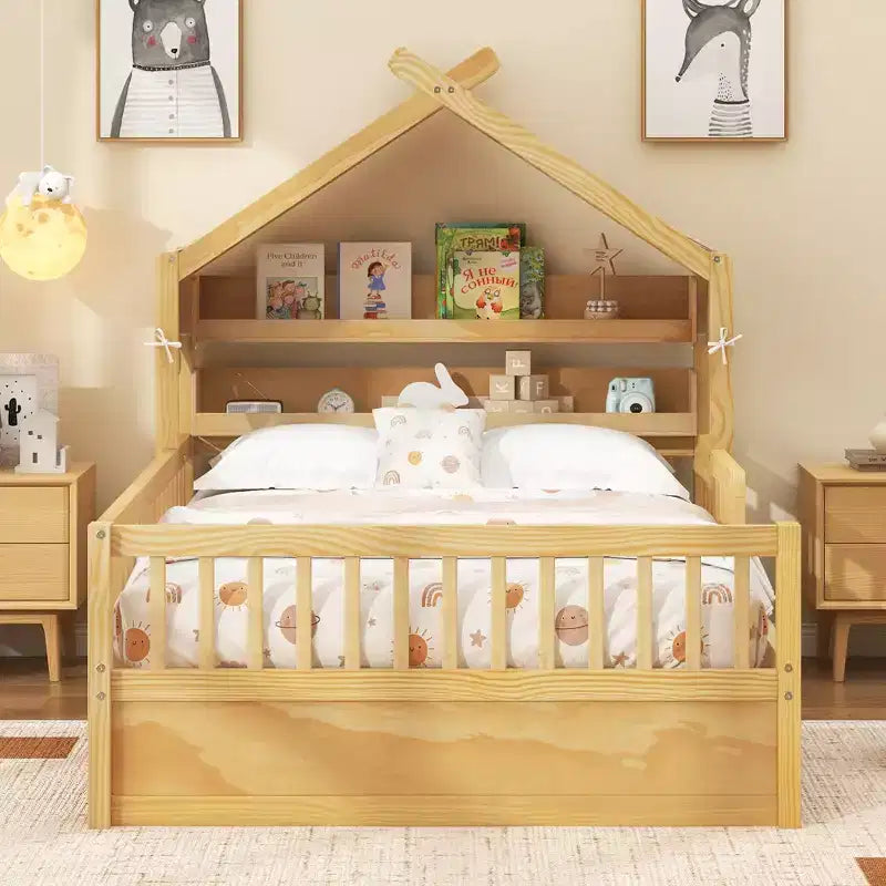 Łóżko domek ModernLuxe dla dzieci, rozmiar Twin/Full, drewniane, z zagłówkiem z miejscem do przechowywania, rama z litego drewna sosnowego z barierkami ochronnymi