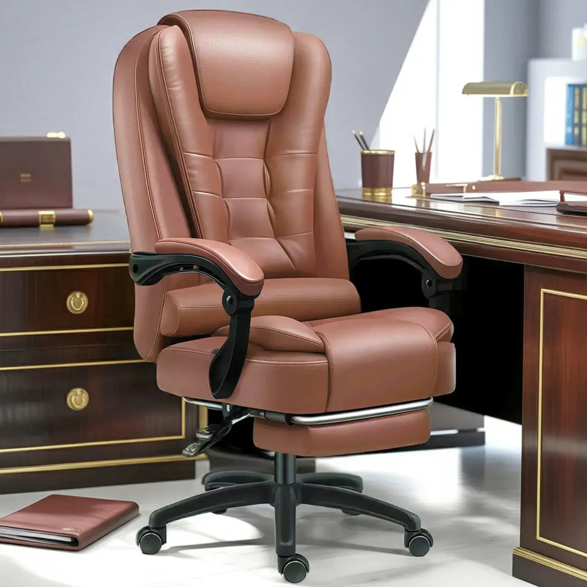 Ergonomiczny czarny skórzany fotel biurowy obrotowy z podnóżkiem