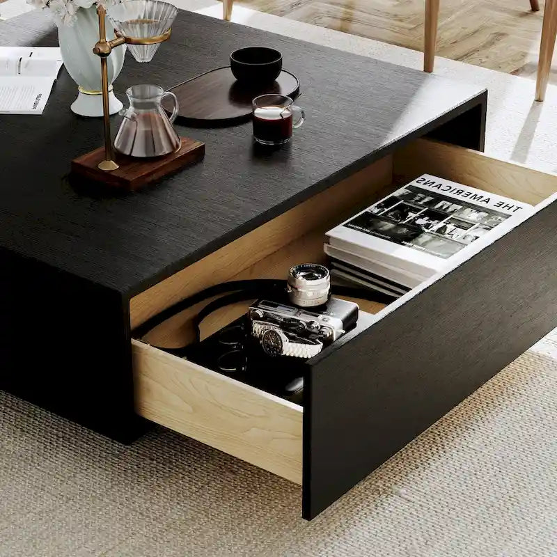 Stolik kawowy w stylu Mid-Century ModernMinimalistyczny stolik kawowy z forniru z miejscem do przechowywania do salonu, w pełni zmontowany