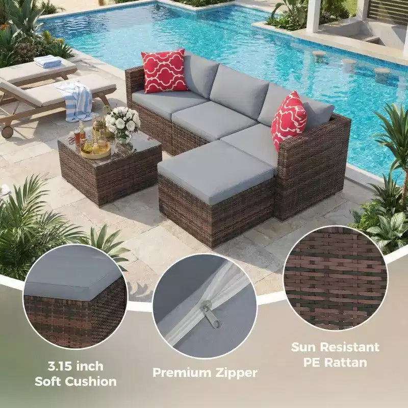 5-częściowy zestaw mebli ogrodowych, modułowa sofa z technorattanu odporna na warunki atmosferyczne z poduszkami antypoślizgowymi, rattanowy zestaw mebli ogrodowych z sofą i otomantą
