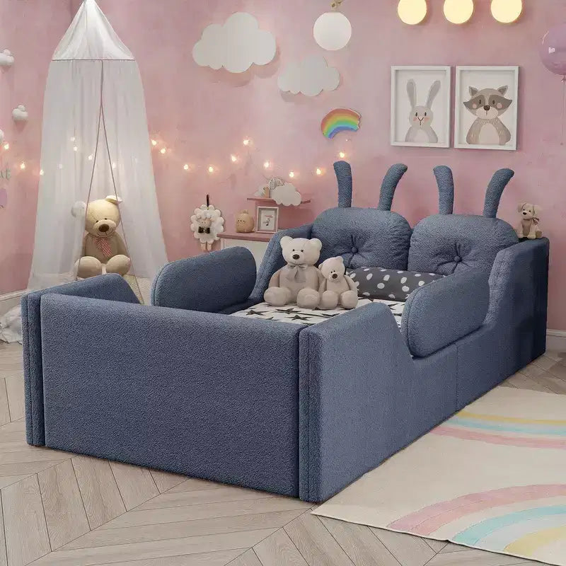 Łóżko platformowe Whisen Twin, tapicerowana rama łóżka dziecięcego typu floor bed z poduszką w kształcie króliczka, ze zdejmowanymi barierkami bocznymi