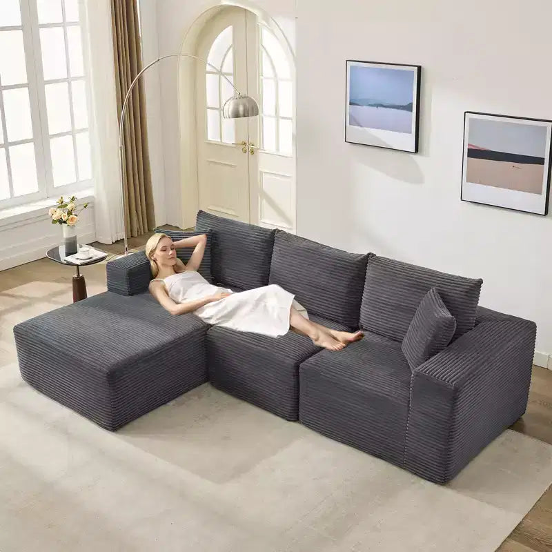 108 Nowoczesna sofa, 3-osobowa sofa tapicerowana w kształcie litery L z poduszkami, sofa z głębokim siedziskiem, bez konieczności montażu