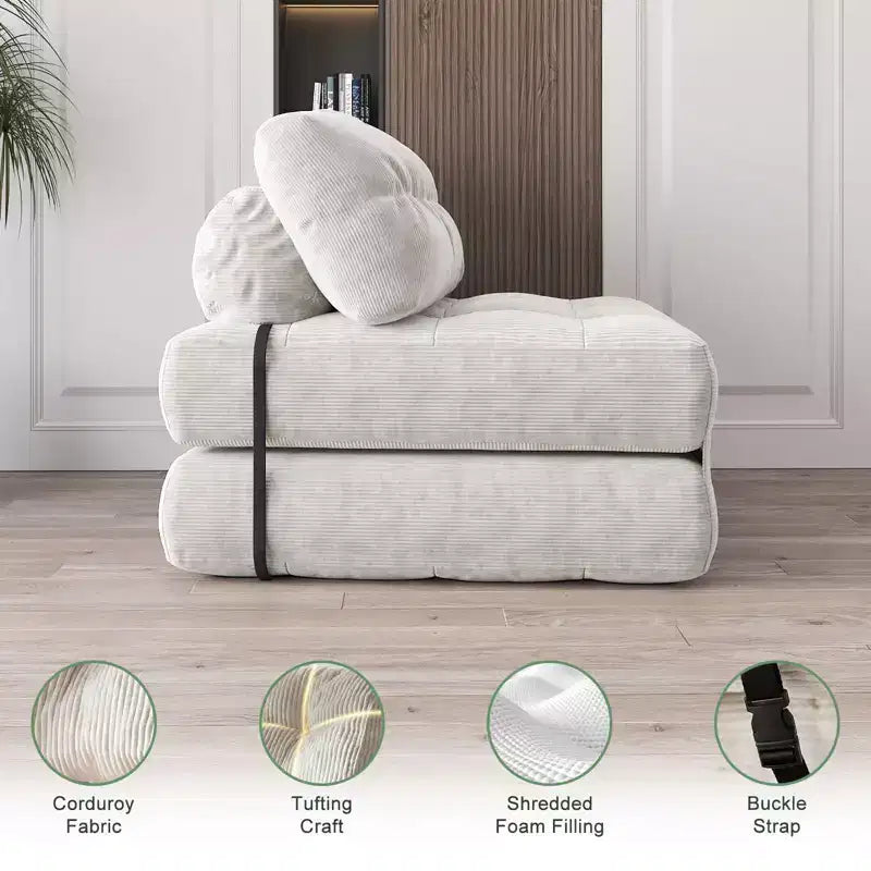 Rozkładana sofa futon z miękkiego sztruksu, składane łóżko podłogowe z poduszką i oparciem