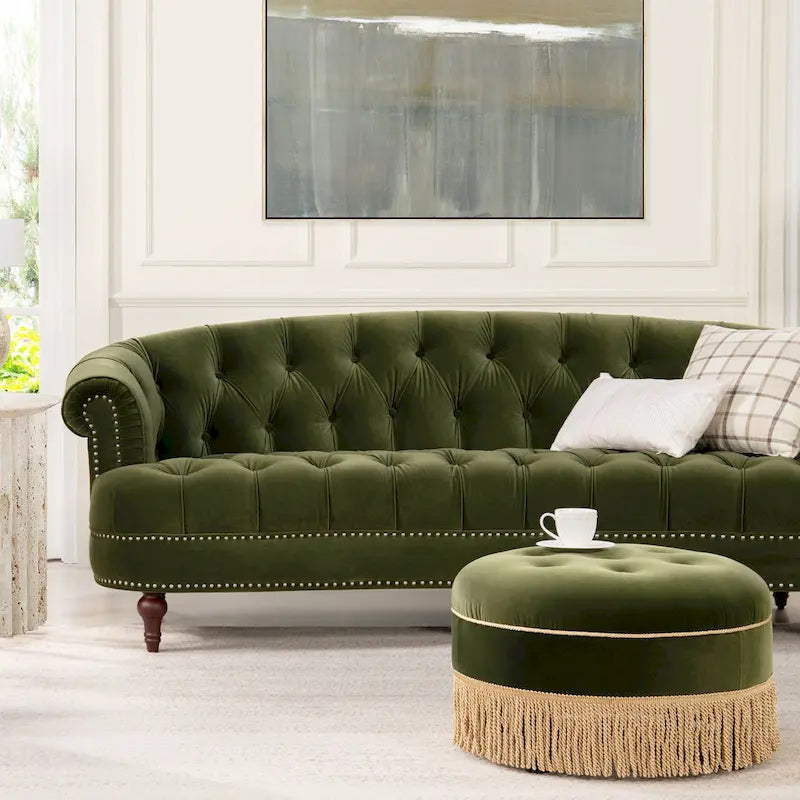 Sofa Chesterfield La Rosa 84 w stylu Mid-Century Modern, tapicerowana aksamitem i przeszywana głęboko