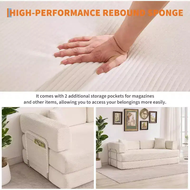 Rozkładana sofa 5 w 1, modułowa kanapa 78,8" z sztruksu z solidną ramą, wielofunkcyjny futon do małych przestrzeni, salonu i pokoju gościnnego