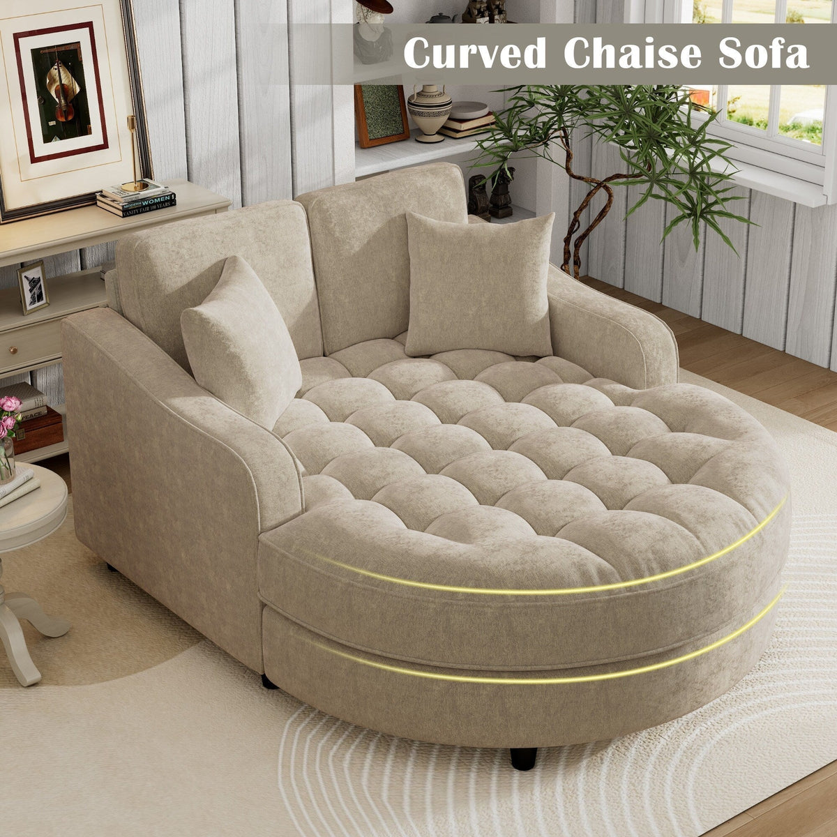 Sofa rozkładana typu chaise longue z chenille, tapicerowana sofa z pikowanym oparciem i 2 zdejmowanymi poduszkami do salonu
