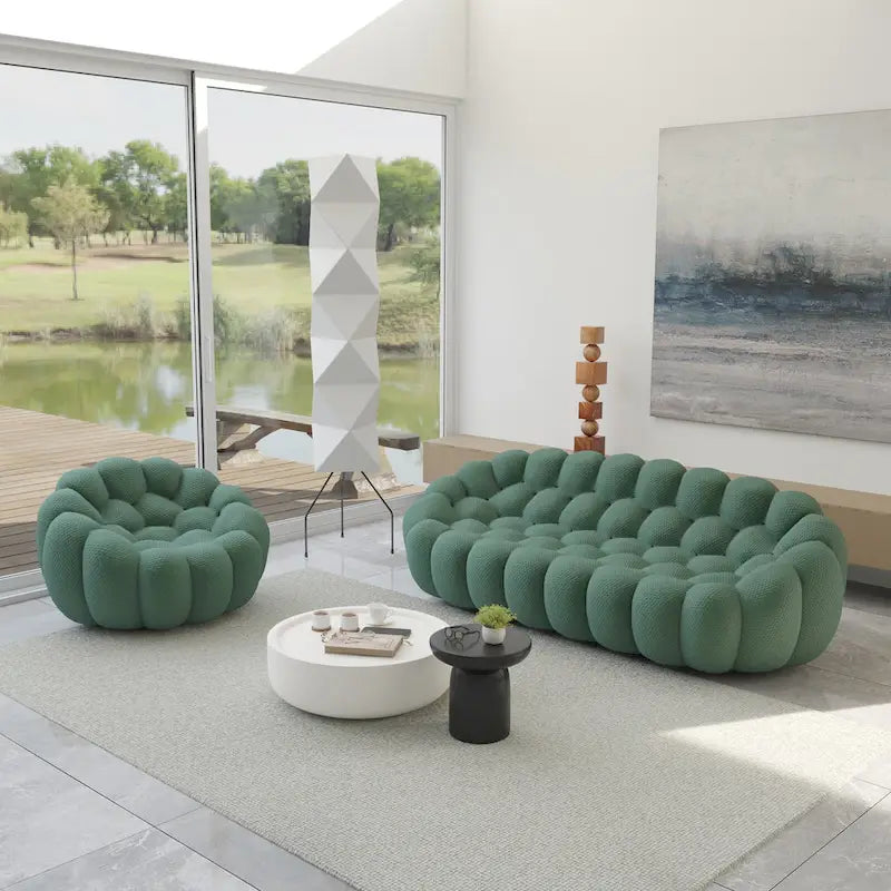 2 szt. sofa bąbelkowa 3D tapicerowana tkaniną o strukturze plastra miodu, 3-osobowa sofa bąbelkowa i sofa jednoosobowa do salonu