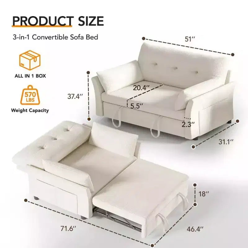 Dyonery 51 – rozkładana sofa 3 w 1, dwuosobowa sofa rozkładana z wysuwanym łóżkiem, regulowanym oparciem, lniana sofa