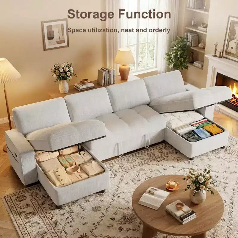 104 U-kształtna rozkładana sofa z funkcją spania i pojemnikiem na pościel