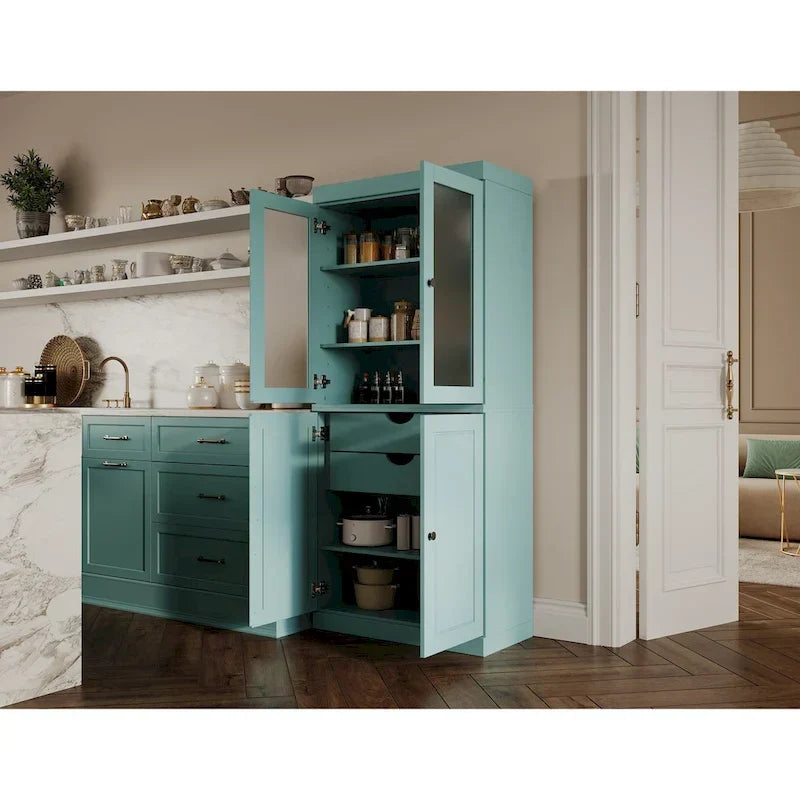Szafka kuchenna w 100% z litego drewna z drzwiami z matowego szkła, pełnymi drzwiami, 2 szufladami i regulowanymi półkami