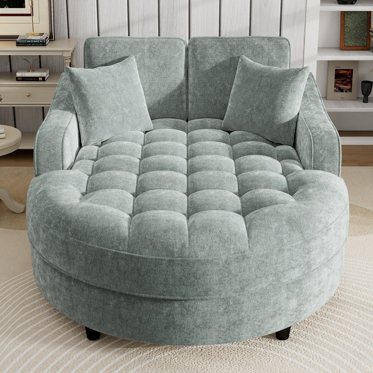 Sofa rozkładana typu chaise longue z chenille, tapicerowana sofa z pikowanym oparciem i 2 zdejmowanymi poduszkami do salonu