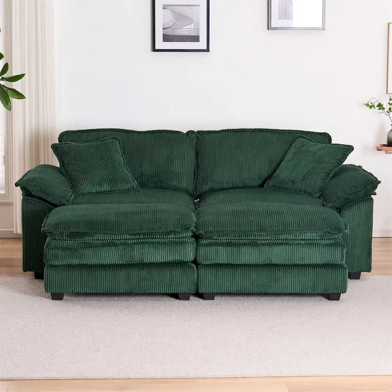 Nowoczesna 2-osobowa sofa sztruksowa z 4 poduszkami i 2 pufami