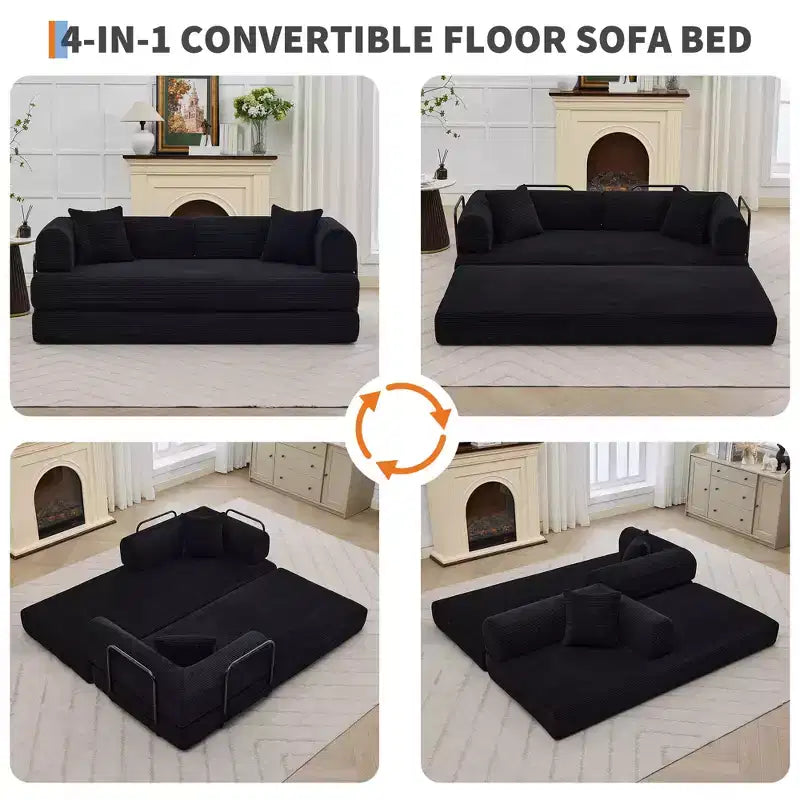 78.7 Szara sofa rozkładana 4 w 1 z tkaniny sztruksowej, składana dwuosobowa sofa podłogowa futon z poduszkami (bez montażu)