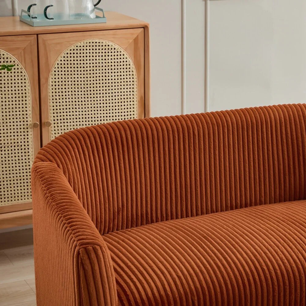 Dwuosobowa sofa tapicerowana sztruksem na drewnianych nogach w kolorze orzecha