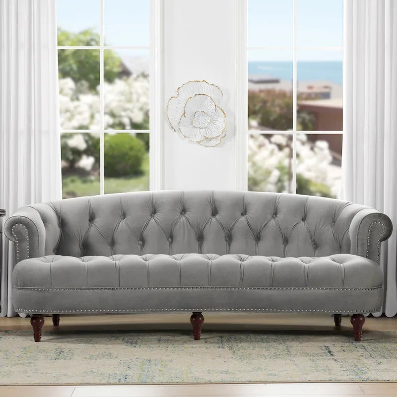 Sofa Chesterfield La Rosa 84 w stylu Mid-Century Modern, tapicerowana aksamitem i przeszywana głęboko