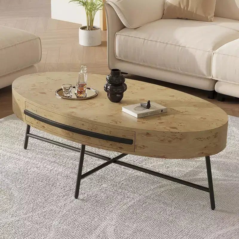 Owalny stolik kawowy z szufladą w stylu mid-century modern, drewniany stolik kawowy 47,2 z miejscem do przechowywania i metalowymi nogami w kształcie litery X, zaokrąglony design