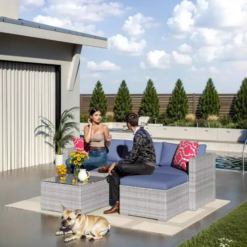 5-częściowy zestaw mebli ogrodowych, modułowa sofa z technorattanu odporna na warunki atmosferyczne z poduszkami antypoślizgowymi, rattanowy zestaw mebli ogrodowych z sofą i otomantą
