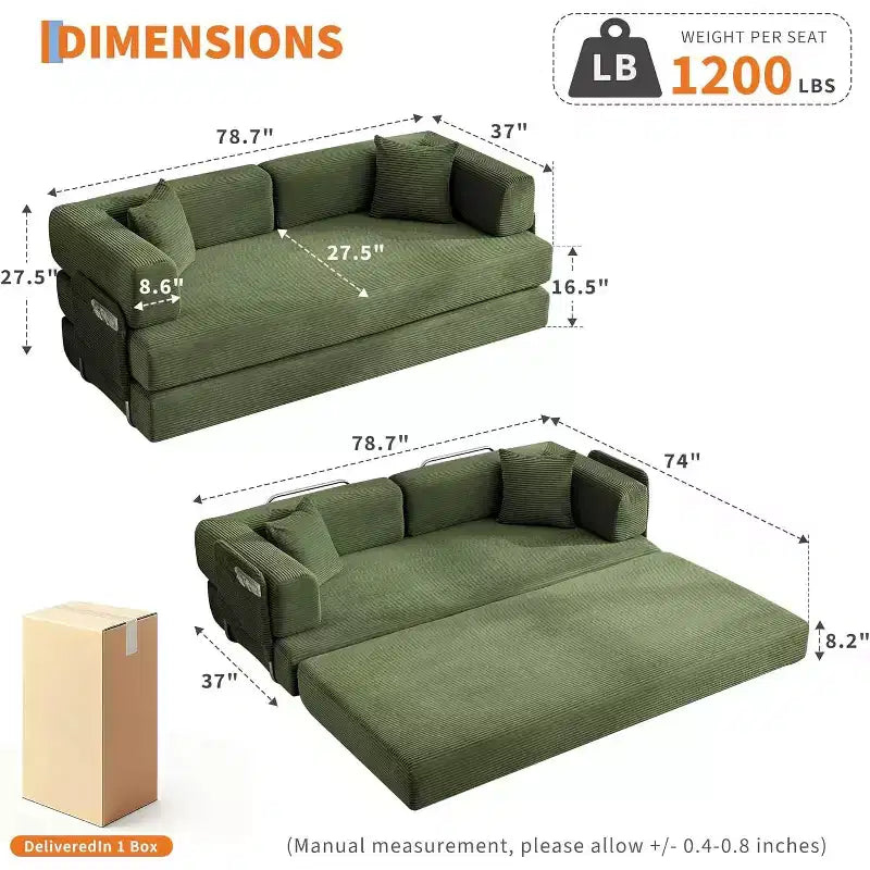 Rozkładana sofa 5 w 1, modułowa kanapa 78,8" z sztruksu z solidną ramą, wielofunkcyjny futon do małych przestrzeni, salonu i pokoju gościnnego