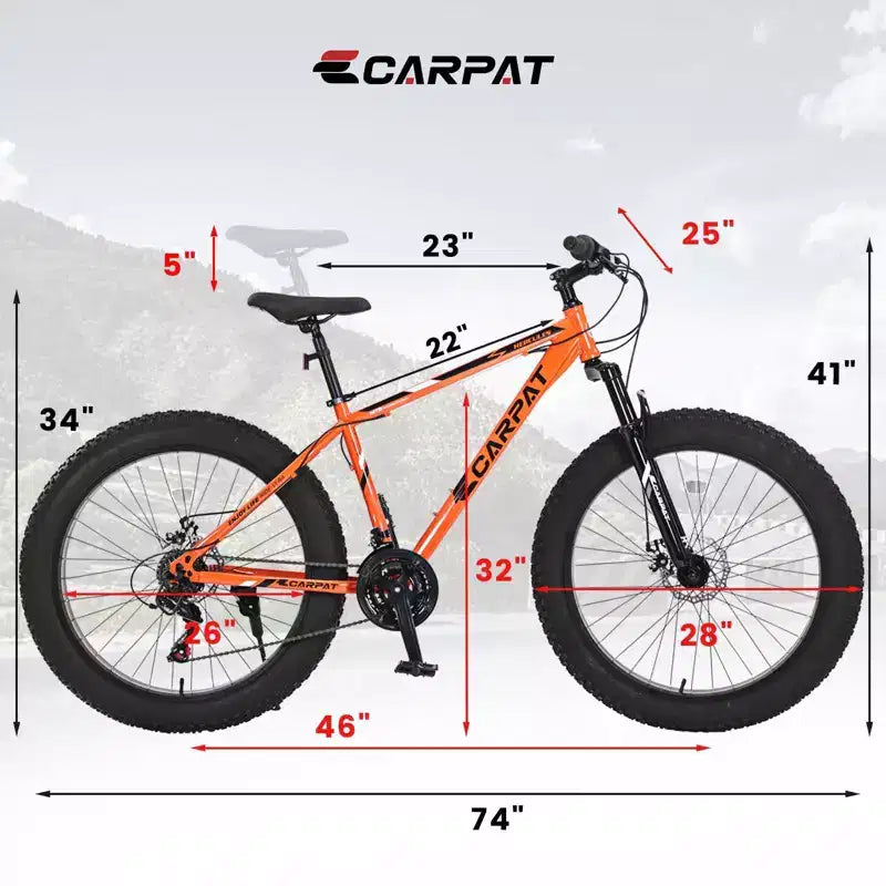 NAYSAYE Rower 26 cali, rower fatbike, 21 przełożenie, pełne osprzętowanie, dla dorosłych i młodzieży, do jazdy w terenie, pomarańczowy, 74*25*41